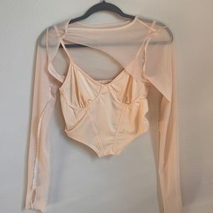 Beige two piece soft corset with mesh long sleeves